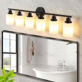 Modern 6-Light Vanity Bathroom Mirror Light, Frosted White Glass with Black Iron Frame, Contemporary Wall Sconce for Bedroom, Bathroom