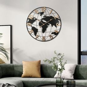 36 Inch Large Black Metal Wall Clock, Modern Silent World Map Wall Clock with Vintage Gold Arabic Numeral, Decorative for Living Room, Entryway