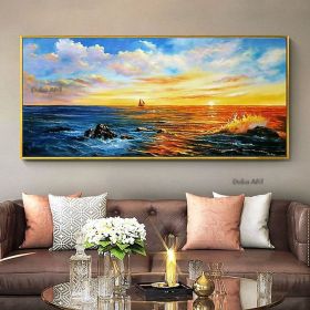 Handmade Hand Painted Wall Art On Canvas Horizontal Panoramic Abstract Modern Landscape Nightfall Sea Sky Home Living Room hallway bedroom luxurious d (size: 60x120cm)