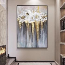 Foil golden flowers hand painted oil painting on canvas abstract large painting wall picture for home office decor (size: 75x150cm)