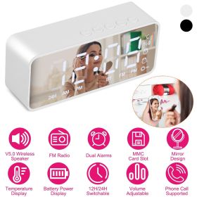 Mirror Digital Alarm Clock LED V5.0 Wireless Speaker Clock with FM Radio (Color: White)